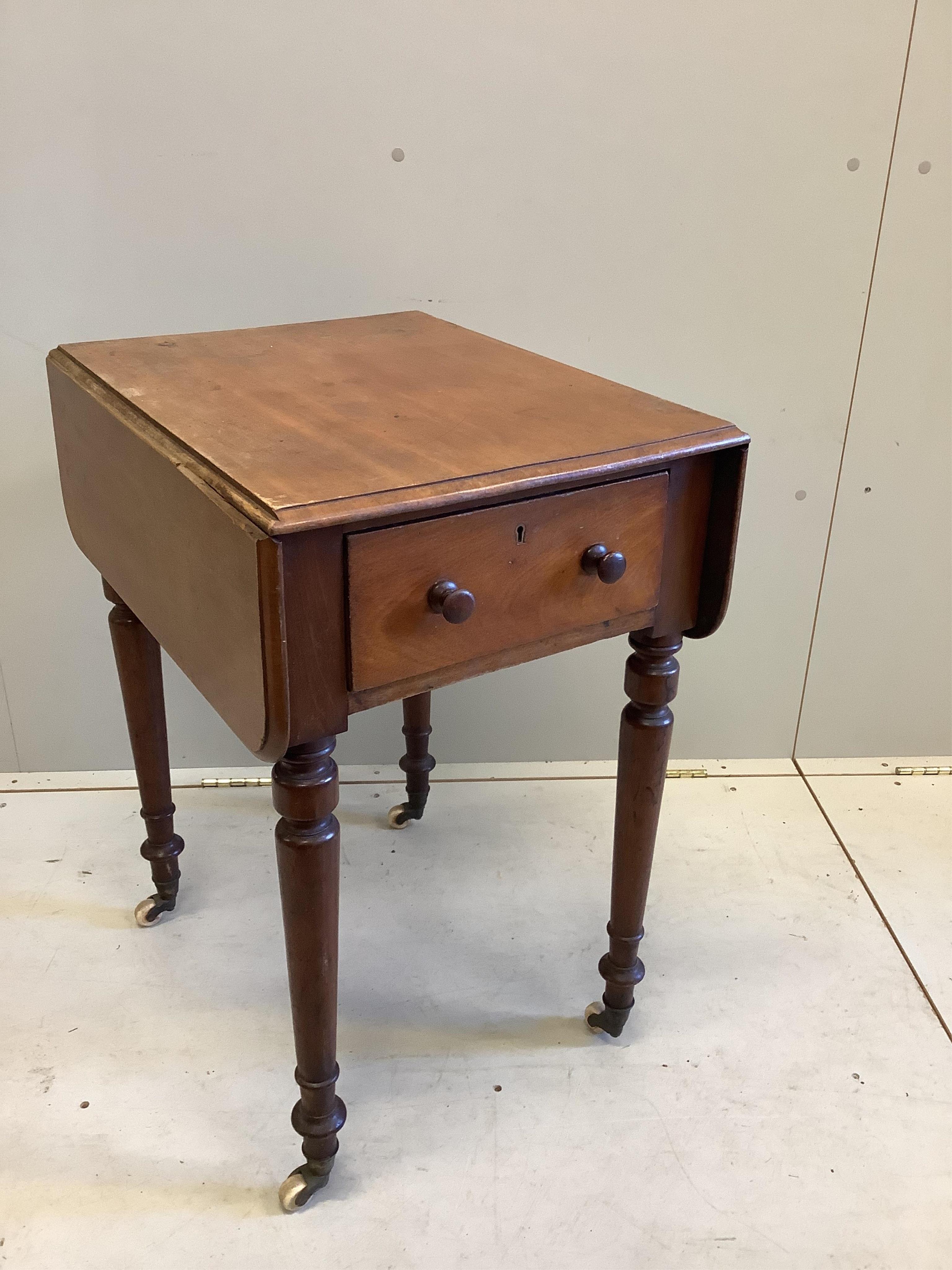 A Victorian mahogany drop flap work table, width 58cm, depth 45cm, height 73cm. Condition - poor